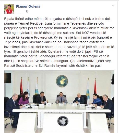 Vendimi i KQZ për Tërmet Peçin, reagon Flamur Golemi: Lajm i mirë për Tepelenën