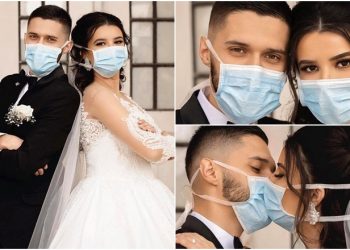 Çifti shqiptar jep puthjen e martesës përmes maskave: Dashuri në kohë korone (FOTO)