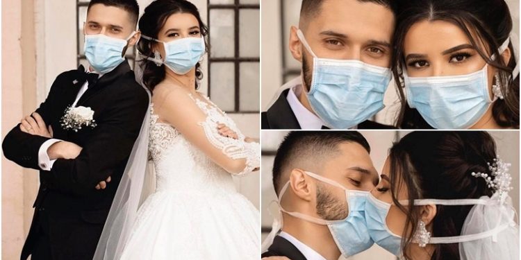Çifti shqiptar jep puthjen e martesës përmes maskave: Dashuri në kohë korone (FOTO)