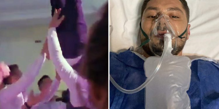 Dhëndri thyen shtyllën kurrizore, shokët e hodhën në ajër por s’mundën ta kapnin (VIDEO)