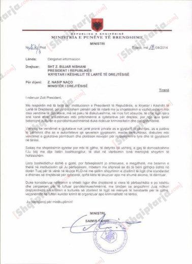 Dokumenti i 2014, Ministri Tahiri i kerkon ndeshkimin e gjyqtarit presidentit Nishani dhe ministrit Naço