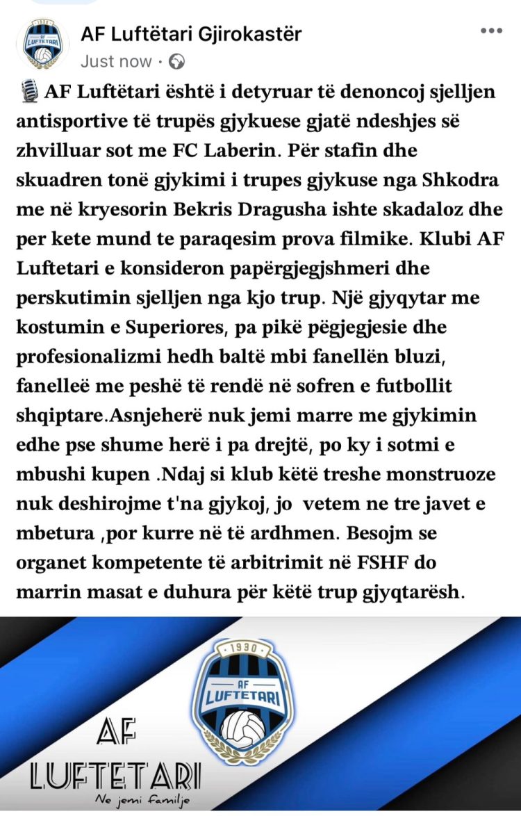 VIDEO/ Dy raste flagrante, Luftëtari denoncon arbitrin e ndeshjes me Labërinë: Treshe monstruoze, nuk duam të na gjykoni më. FSHF të marrë masat