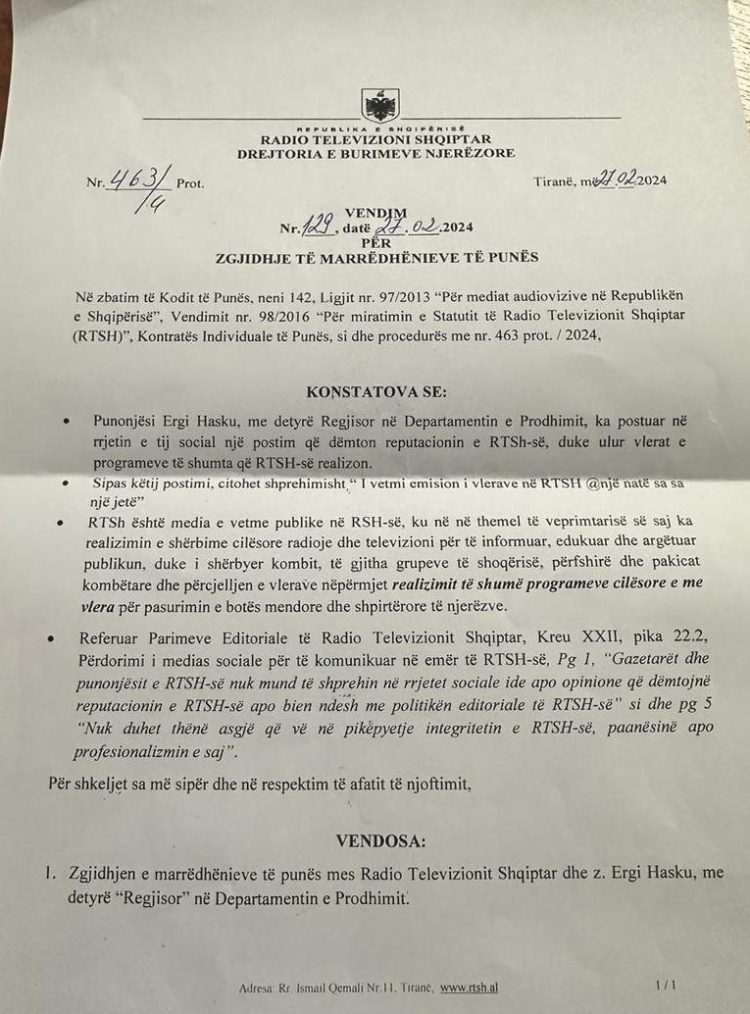 Gallatë e madhe në RTSH/ Regjisori pushohet nga puna pasi reklamoi emisionin e tij