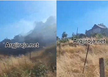 Pamje nga zjarri në Lazarat, rrezik nga shpërthimi i fishekëve (VIDEO)