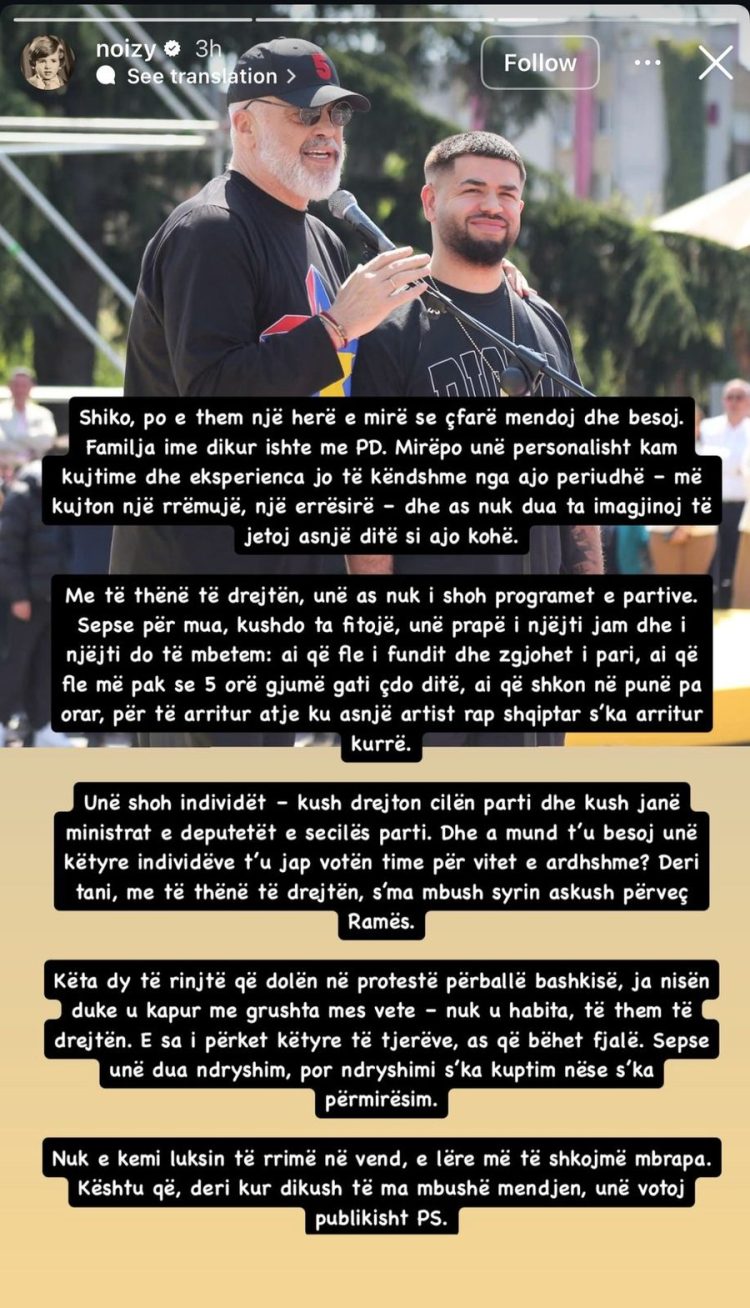 Noizy: PD-ja më kujton errësirën, askush s’ma mbush syrin përveç Ramës
