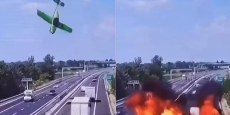 Avioni humb kontrollin në ajër, shpërthen në flakë në një autostradë në Itali. 2 persona të vdekur (VIDEO)