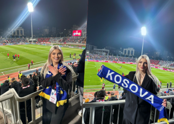FOTO/ Shqiptarët fitojnë në tribuna, gazetarja “rrëmben” vëmendjen e të gjithëve në “Fadil Vokrri”