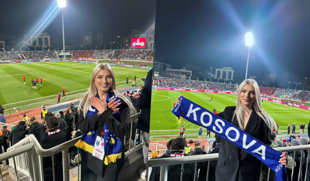 FOTO/ Shqiptarët fitojnë në tribuna, gazetarja “rrëmben” vëmendjen e të gjithëve në “Fadil Vokrri”